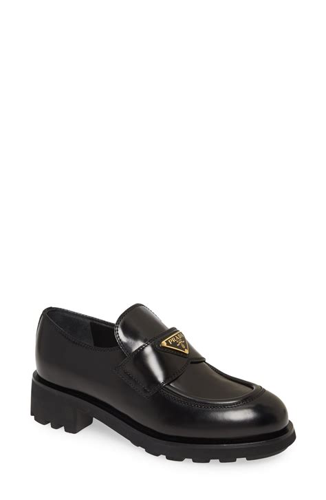 prada logo block heel penny loafer|Prada loafers farfetch.